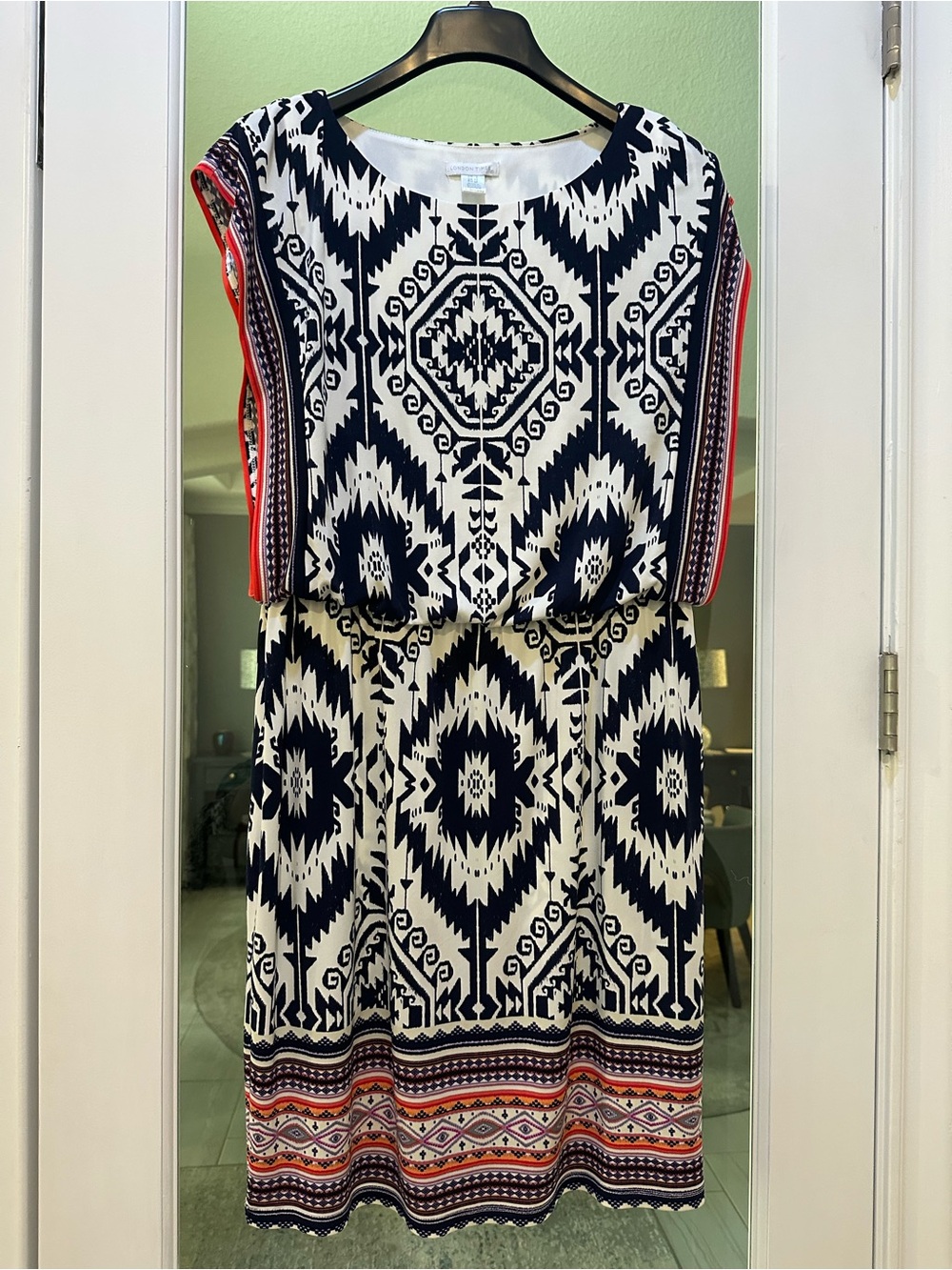 London Times Sheath Dress Navy & White & Coral Geometric Print | Boho Tribal